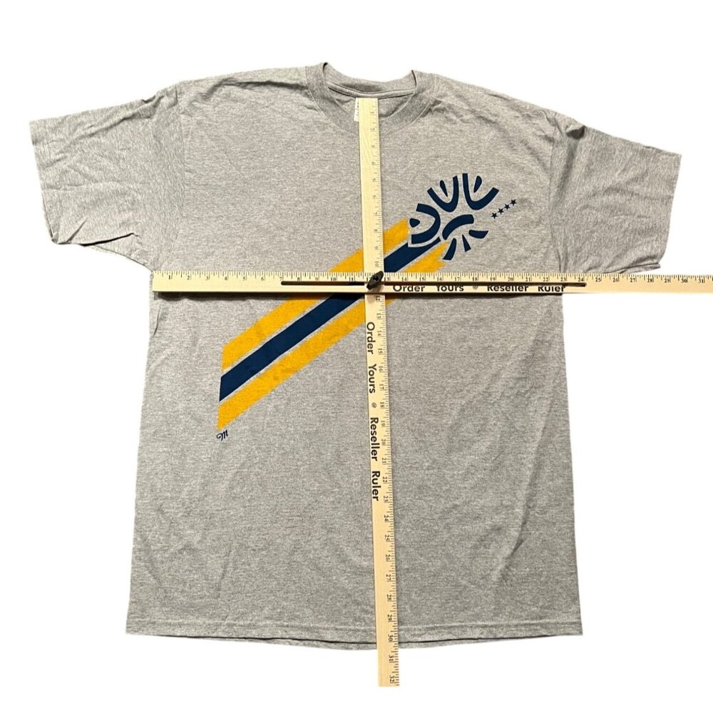 Anvil Men's XL Miller Beer Gray Graphic T-Shirt Yellow & Navy Stripes Pre-Shrunk - Picture 5 of 8